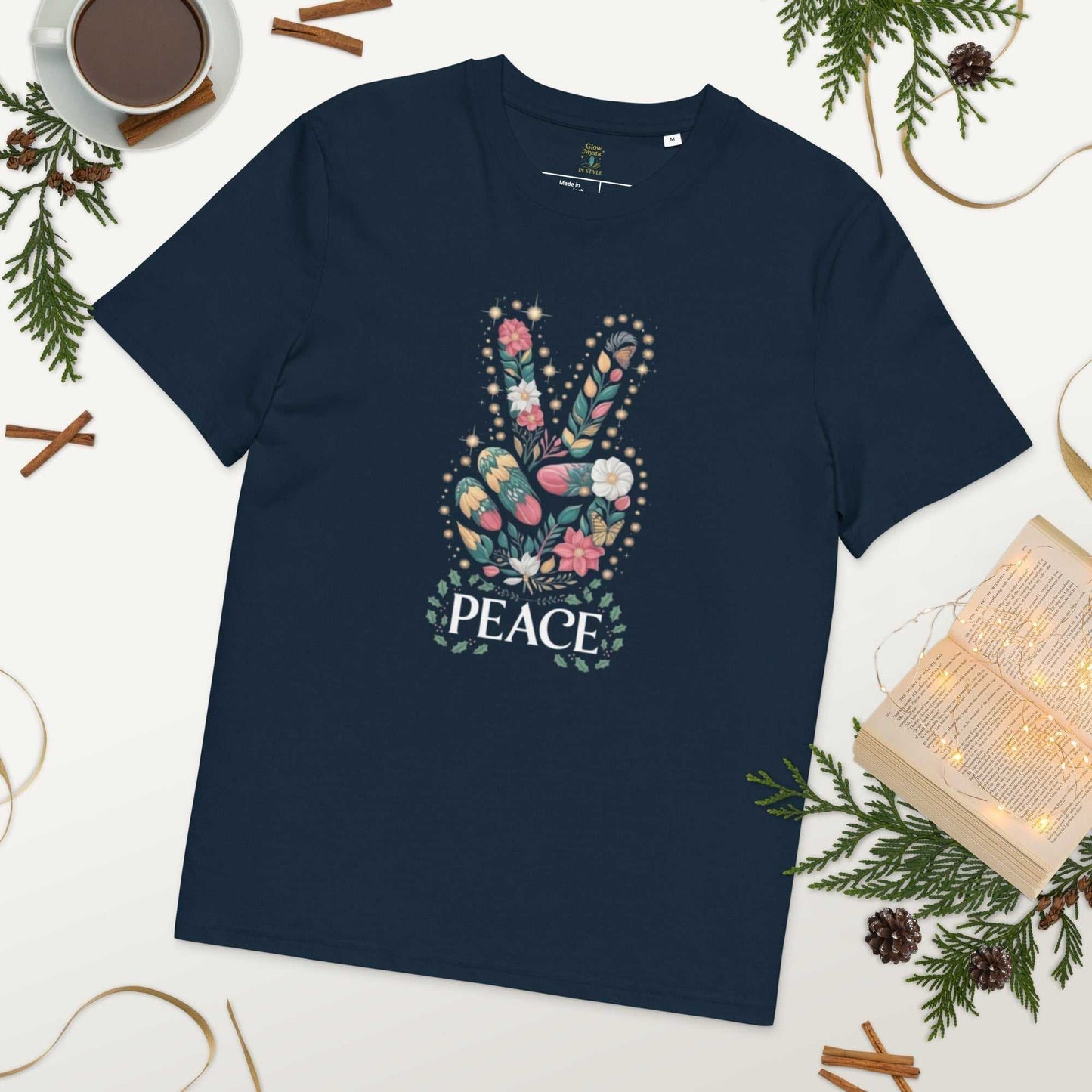 Unisex Organic Cotton T-shirt in navy with floral peace sign design, eco-friendly and soft breathable fabric.