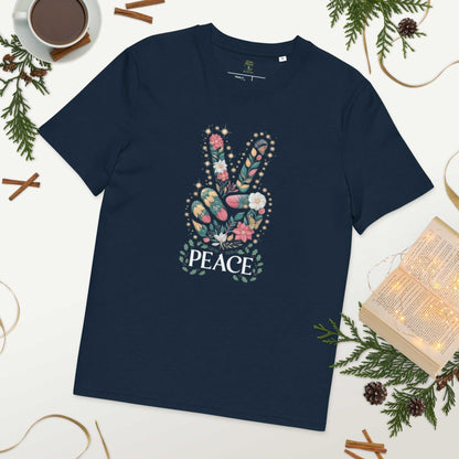 Unisex Organic Cotton T-shirt in navy with floral peace sign design, eco-friendly and soft breathable fabric.