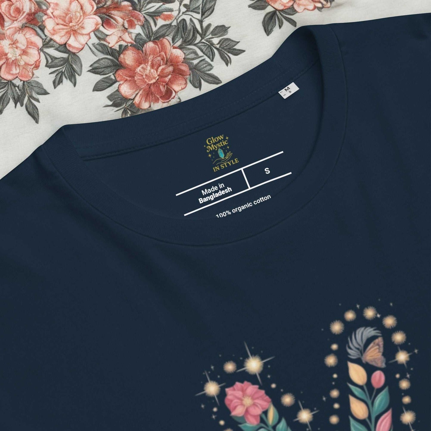 Navy Unisex Organic Cotton T-shirt with floral design and eco-friendly fabric details