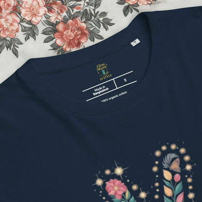 Navy Unisex Organic Cotton T-shirt with floral design and eco-friendly fabric details