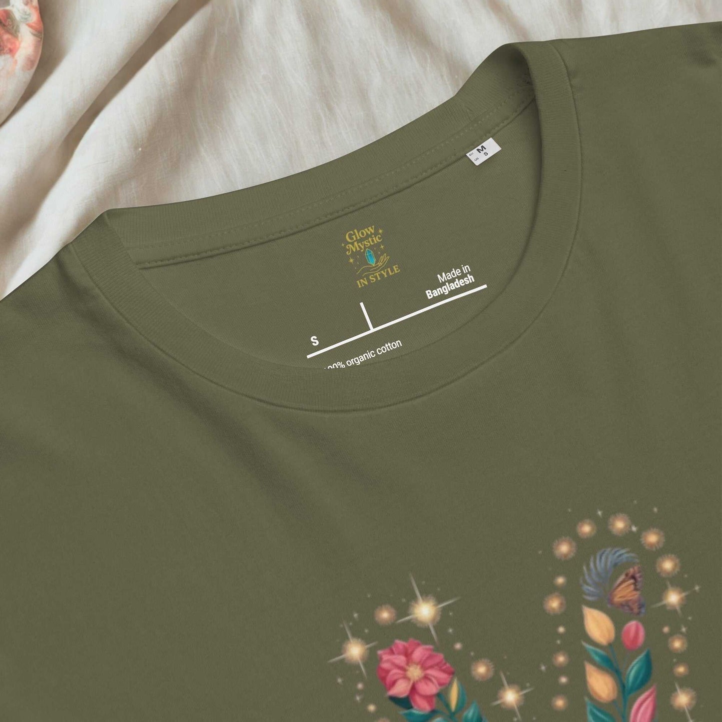 green unisex organic cotton t-shirt with floral design and crew neckline made in Bangladesh