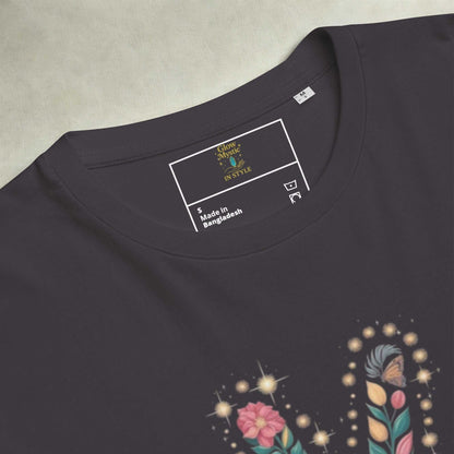 Black unisex organic cotton t-shirt with floral graphic design and crew neck