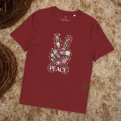 Unisex organic cotton t-shirt in maroon with floral peace sign print, soft breathable sustainable fabric