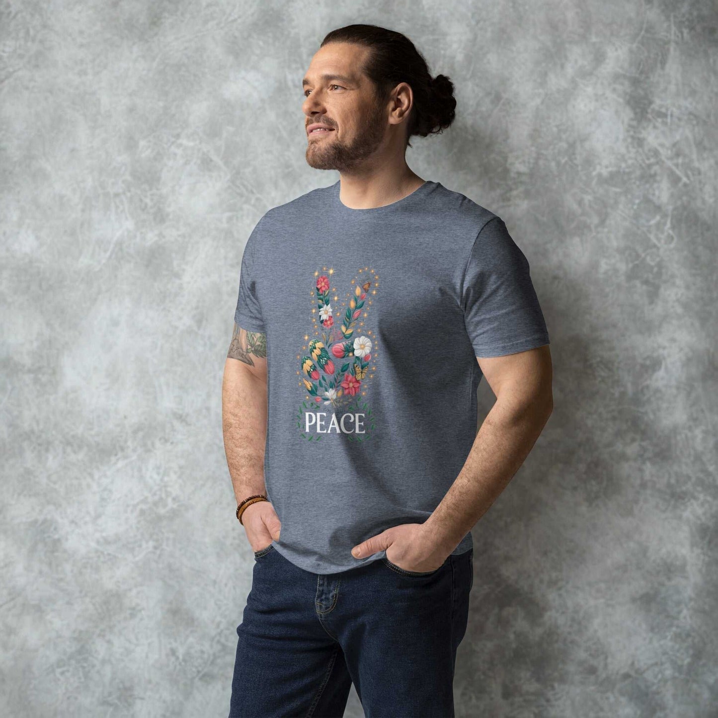 man wearing unisex organic cotton t-shirt with floral peace hand sign design