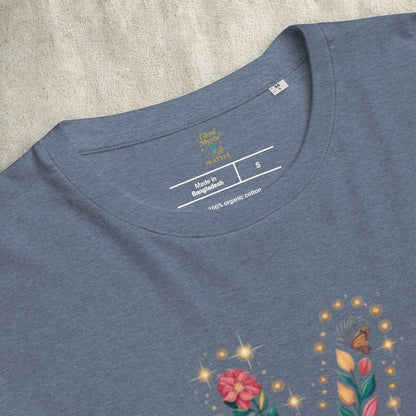 Unisex organic cotton T-shirt in blue with floral design and soft breathable fabric