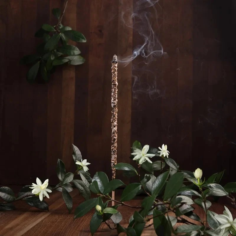 Sfeerfoto van een brandend Sagrada Madre Palo Santo wierookstokje omringd door champa takjes.