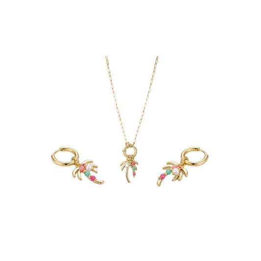 DE GLOW MYSTIC IN STYLE COLLECTIE: COMPLETE Tropical Palm Sieraden Set (GOUD) – Luxe Goudkleurig RVS met Echte Zoetwaterparels en Vrolijke Kraaltjes. Perfecte 'Glow Up' voor een Complete Zomer Look.