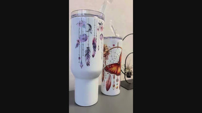 Vaso de acero inoxidable con asa - Arte bohemio con plumas y flores