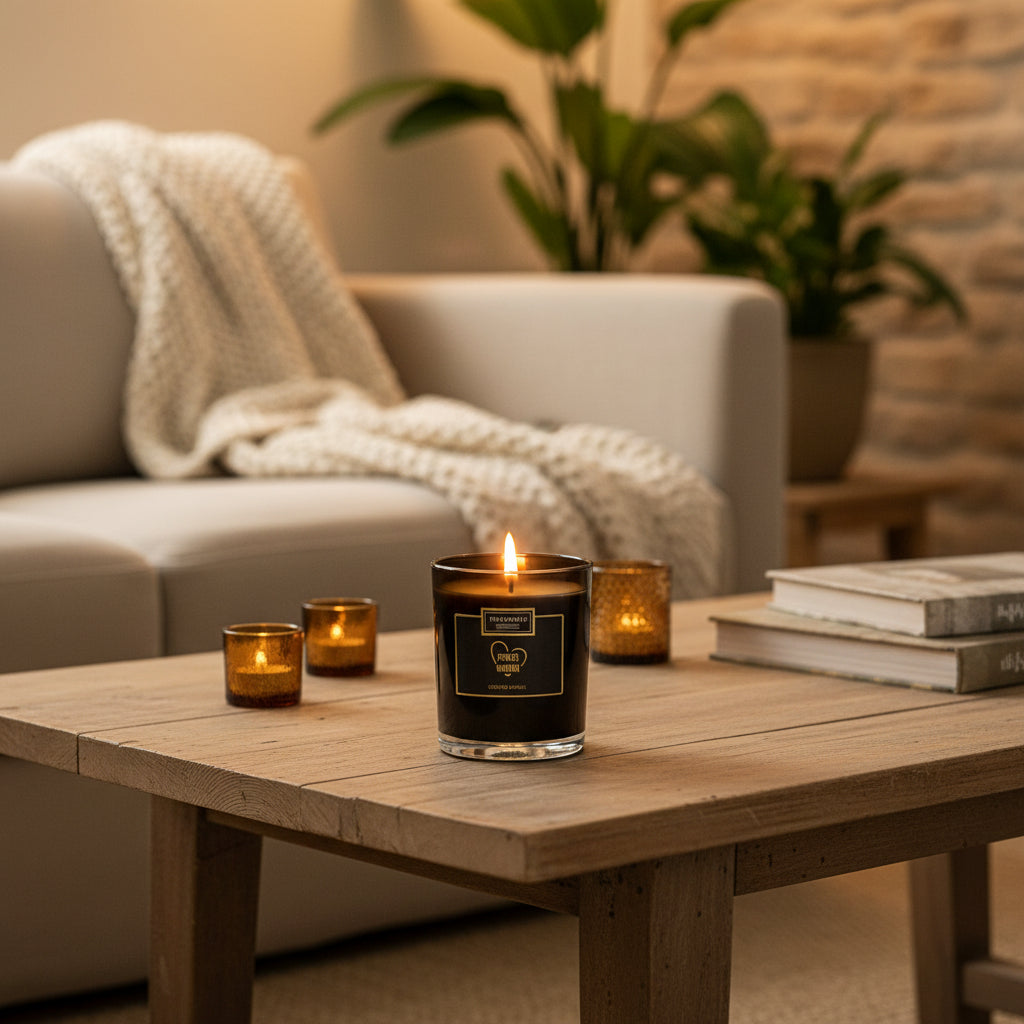 Zwarte luxe geurkaars Powerwoman van Treatments in warm interieur