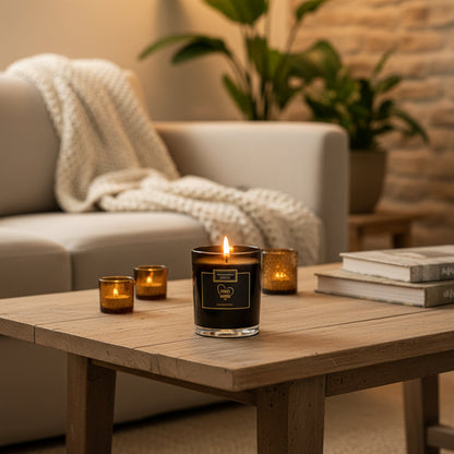 Zwarte luxe geurkaars Powerwoman van Treatments in warm interieur