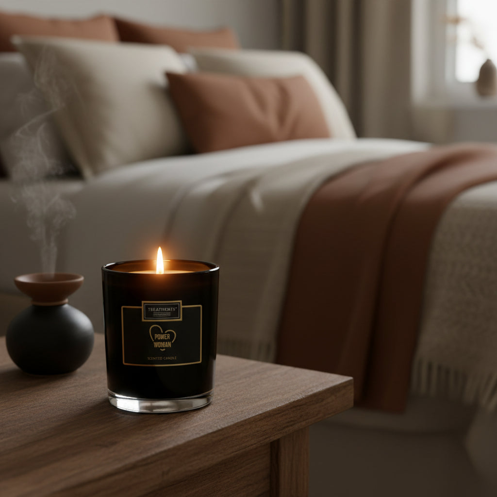 Treatments Powerwoman geurkaars op nachtkastje voor rust en ontspanning