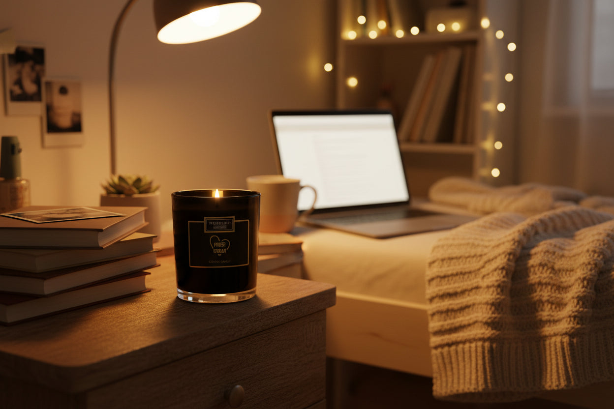 Treatments Powerwoman geurkaars bij bureau voor sfeervol avondmoment