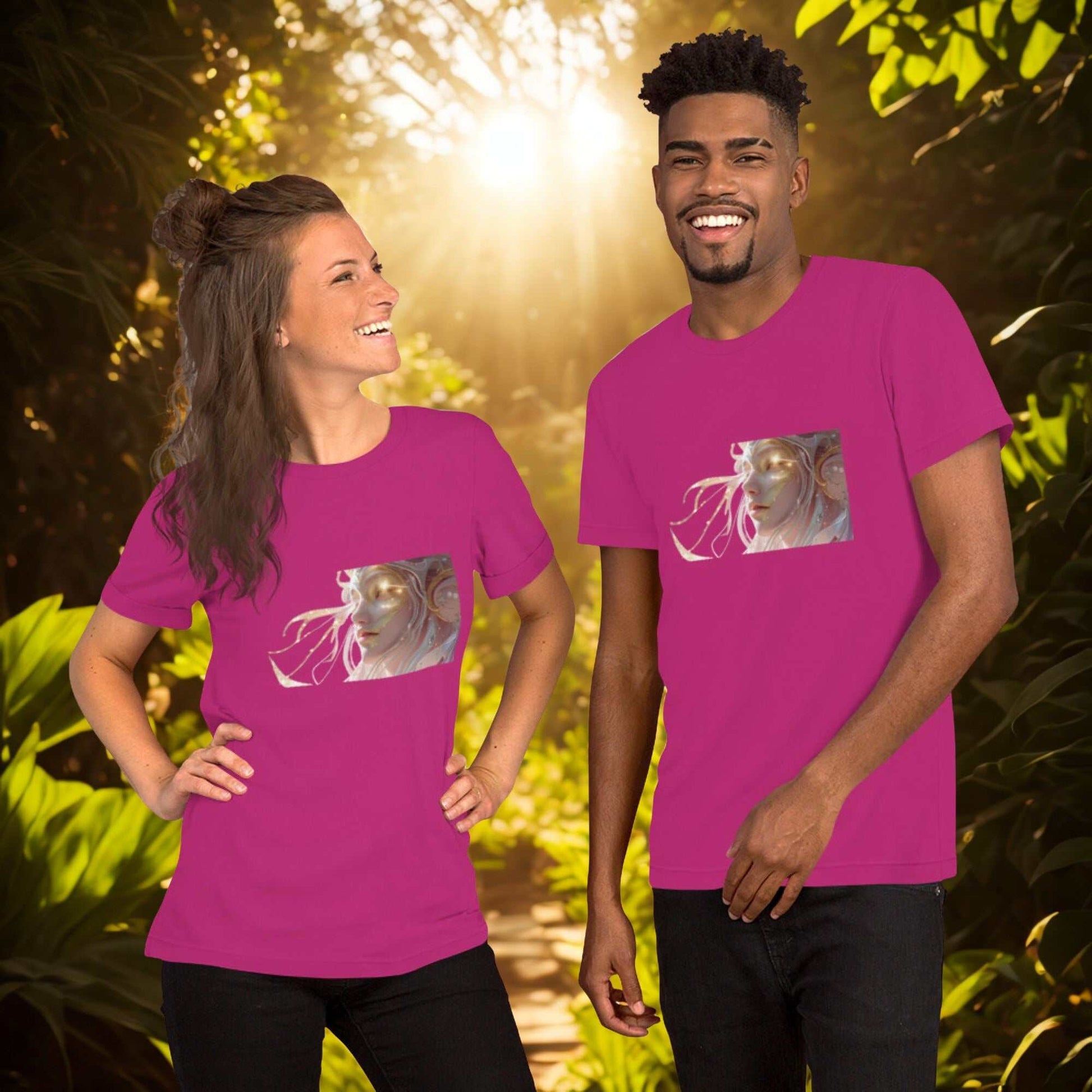 Two models wearing bright pink Celestial Glow Goddess T-Shirts with cosmic goddess artwork in an outdoor sunlit setting