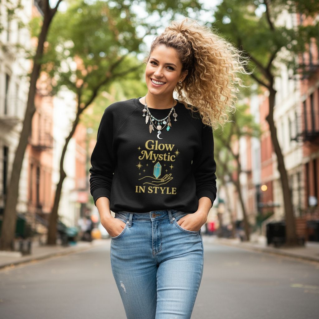 Unisex black eco-friendly Glow Mystic in Style sweatshirt made from organic cotton with raglan sleeves and minimalist design