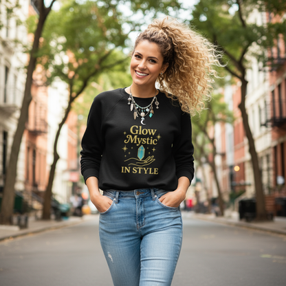 Unisex black eco-friendly Glow Mystic in Style sweatshirt made from organic cotton with raglan sleeves and minimalist design