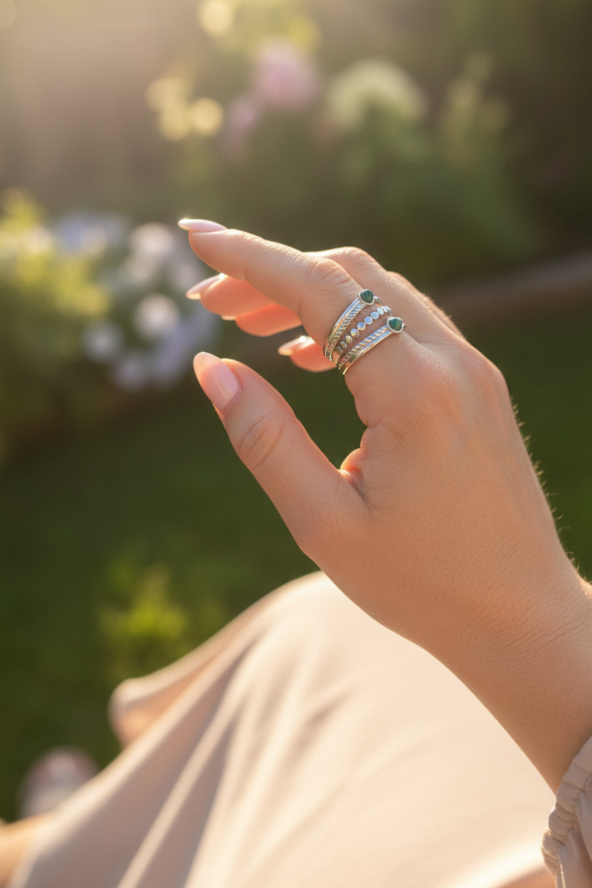 "Een vrouw in een zomerse jurk laat casual haar zilverkleurige ring met groene steentjes zien in een zonnige, sfeervolle setting."