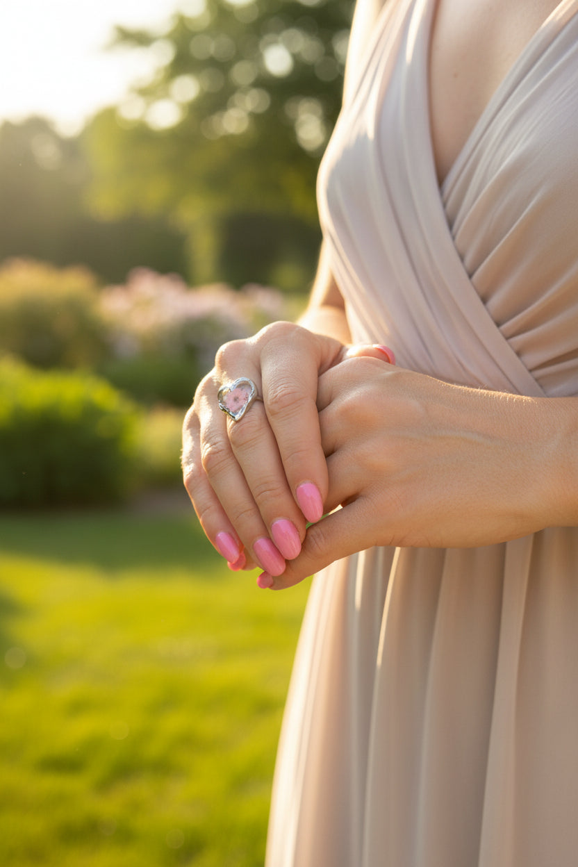 "Een vrouw in een elegante beige jurk draagt de RVS hartring met bloem tijdens een zonnige dag in een groene omgeving."