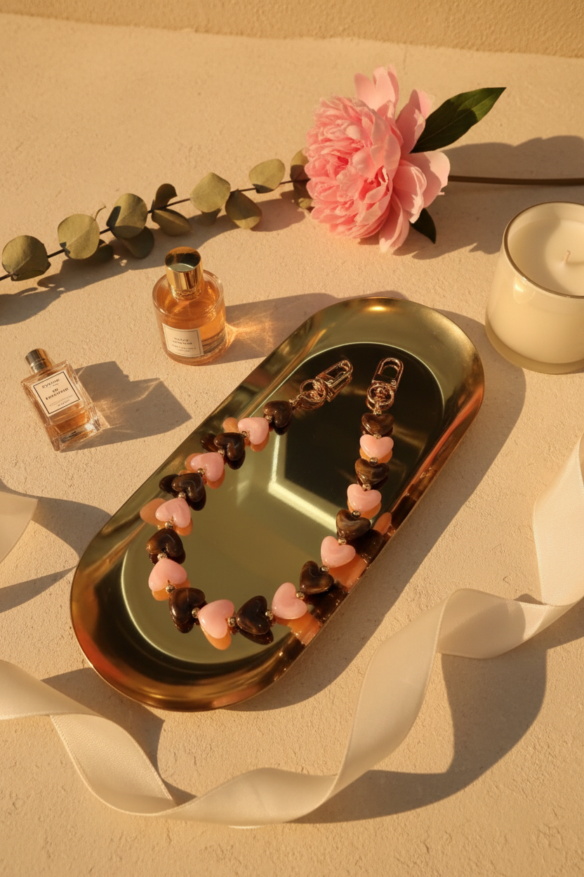 Glow Mystic in Style Bruin & Roze hartjes telefoonkoord op goudkleurige schaal met een lifestyle achtergrond.