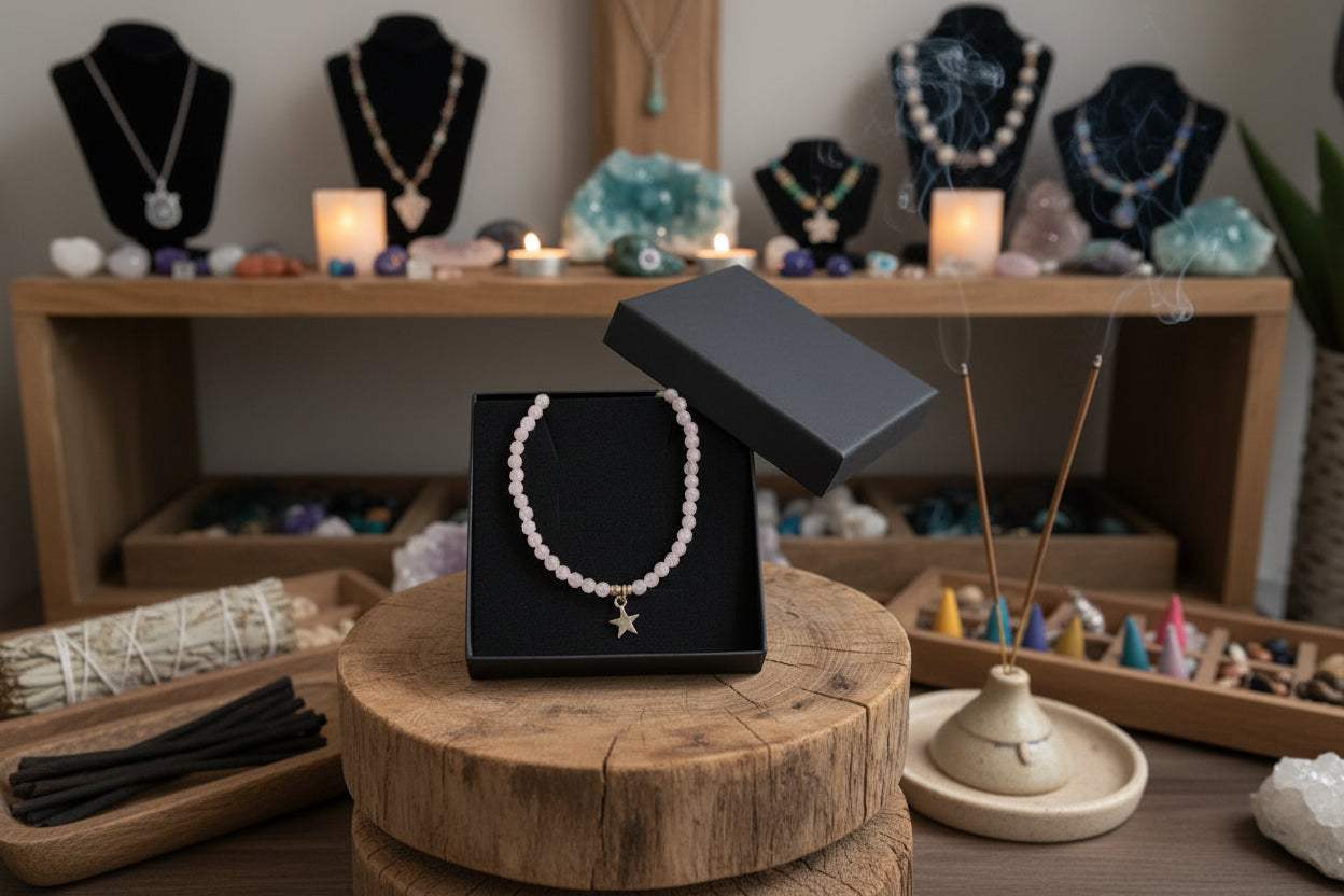 Rozenkwarts ketting met kleine roze kralen en goudkleurige ster hanger in zwart sieradendoosje geplaatst op houten display in sfeervolle winkelomgeving