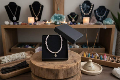 Rozenkwarts ketting met kleine roze kralen en goudkleurige ster hanger in zwart sieradendoosje geplaatst op houten display in sfeervolle winkelomgeving