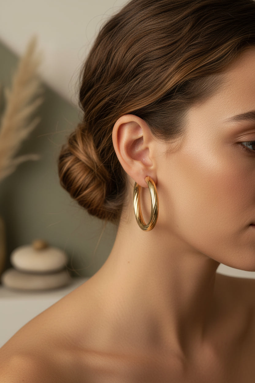 Vrouw draagt Aura Chunky hops gouden oorbellen minimalistische look
