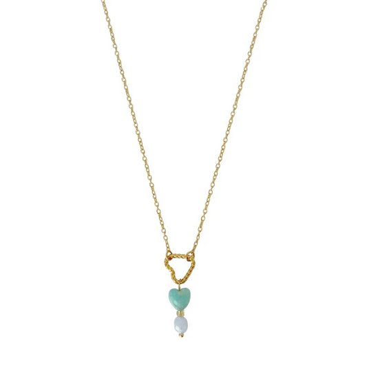 Glow Mystic in Style goudkleurige stainless steel ketting met schuin gedraaid hartje en blauw-groene edelstenen