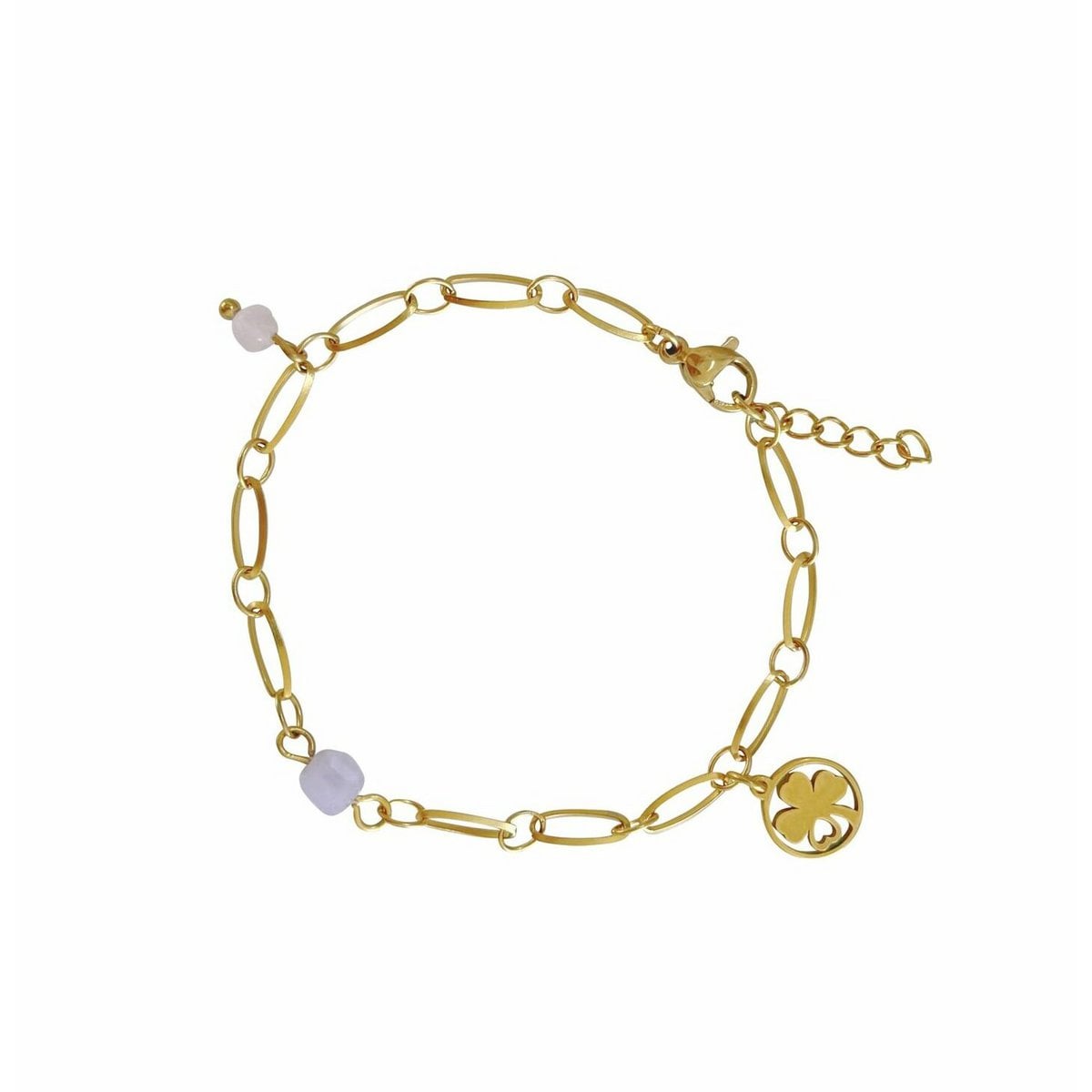 Goudkleurige armband met Chalcedoon kubus, Rozenkwarts steen en klaver vier bedel in roestvrij staal