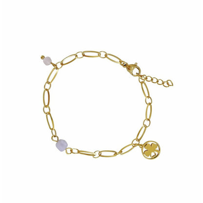 Goudkleurige armband met Chalcedoon kubus, Rozenkwarts steen en klaver vier bedel in roestvrij staal