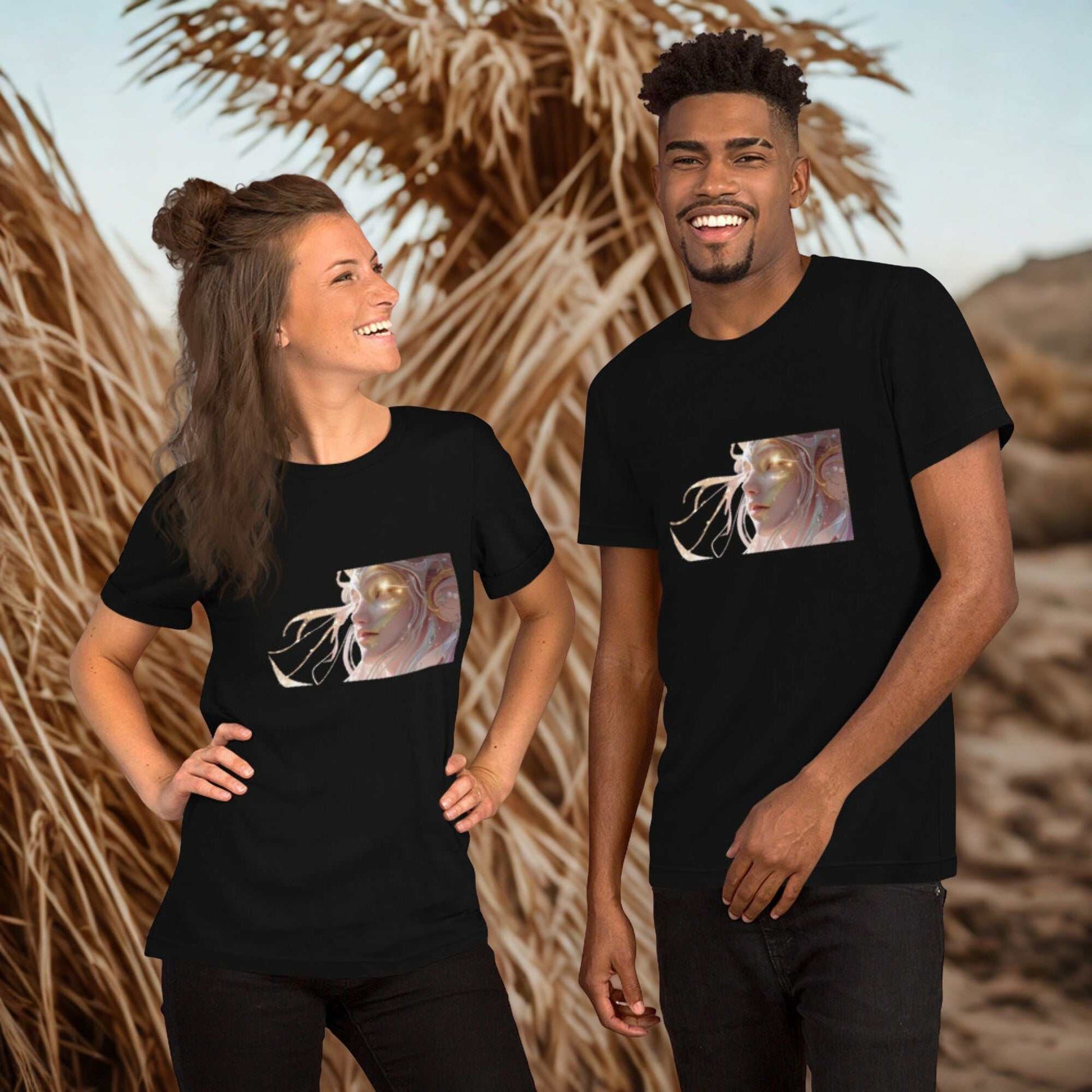 Two models wearing black Celestial Glow Goddess T-Shirts featuring cosmic-inspired artwork on the front.