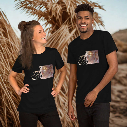 Two models wearing black Celestial Glow Goddess T-Shirts featuring cosmic-inspired artwork on the front.