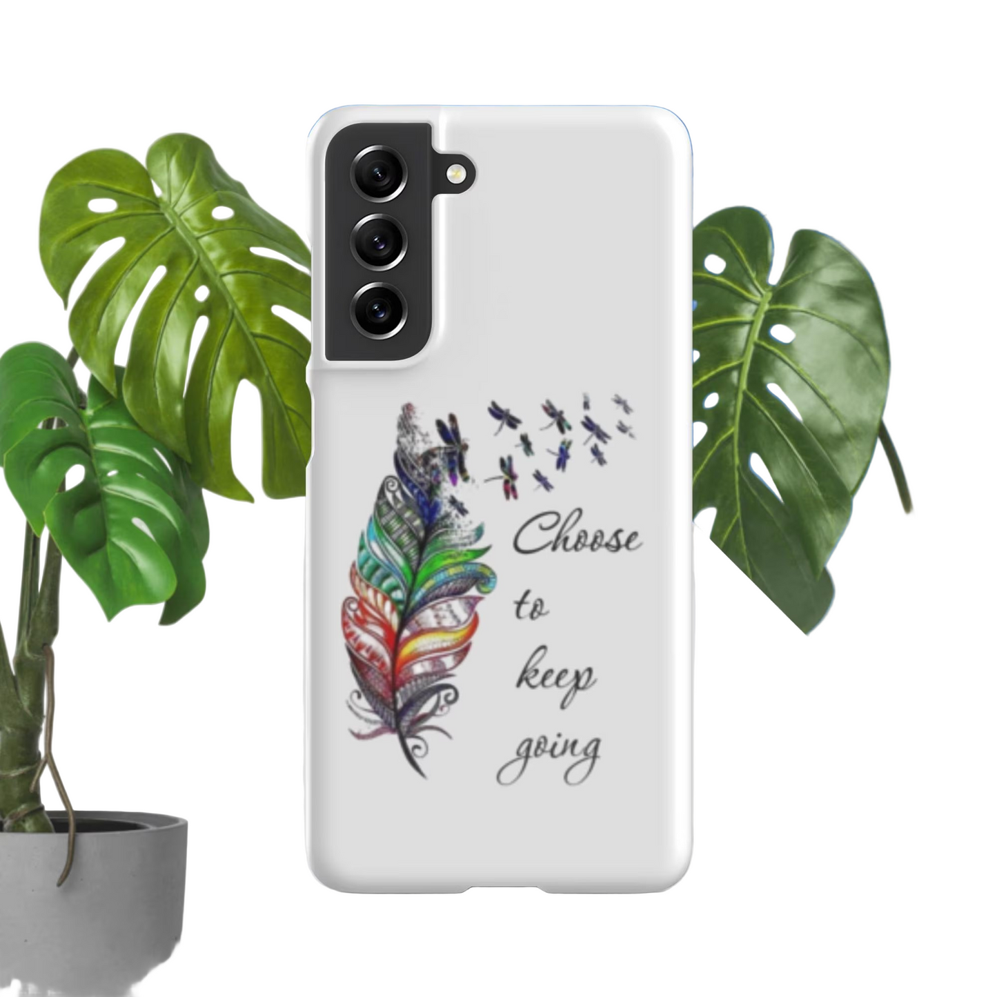 Custom Samsung® Snap Case with colorful feather design and "Choose to keep going" text, slim durable protective phone cover for Galaxy phones
