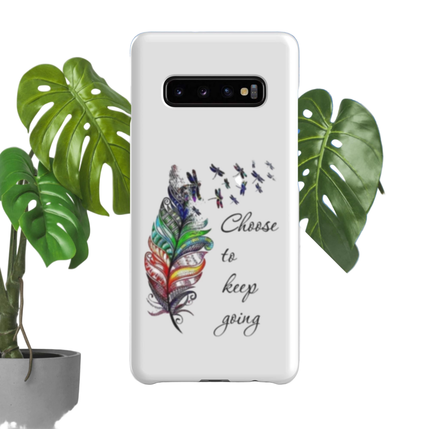 Samsung Snap Case with colorful feather design and "Choose to keep going" text, slim durable protective phone cover for Galaxy