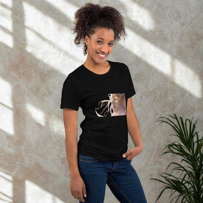 Woman wearing black Celestial Glow Goddess T-Shirt with cosmic-inspired goddess artwork and casual jeans
