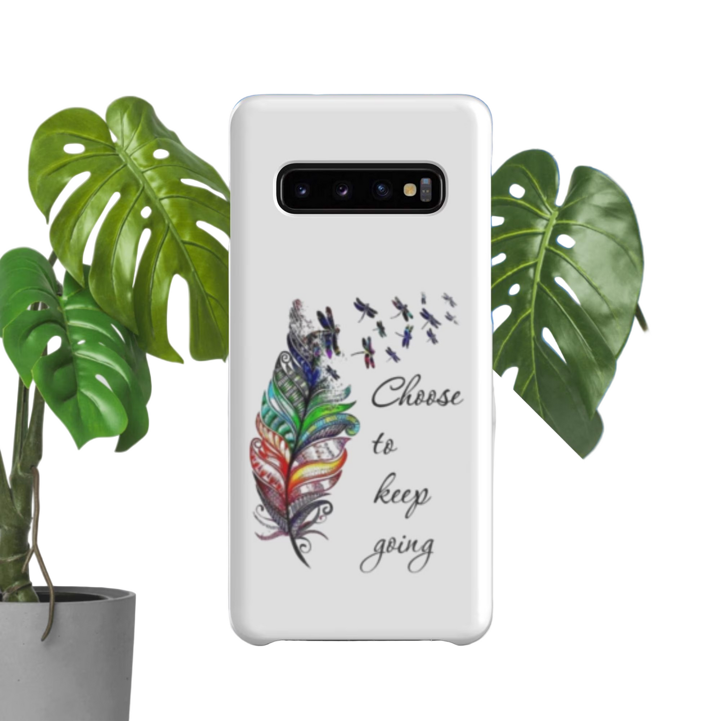 Samsung Snap Case white protective phone cover with colorful feather and motivational text design