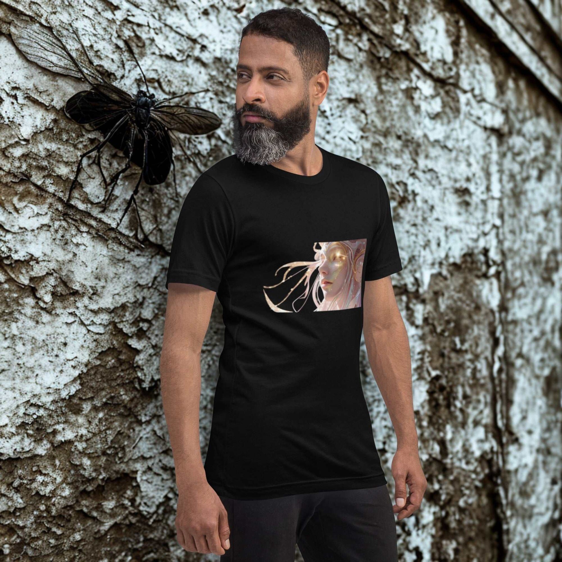 Man wearing black Celestial Glow Goddess T-Shirt with radiant cosmic artwork standing outdoors