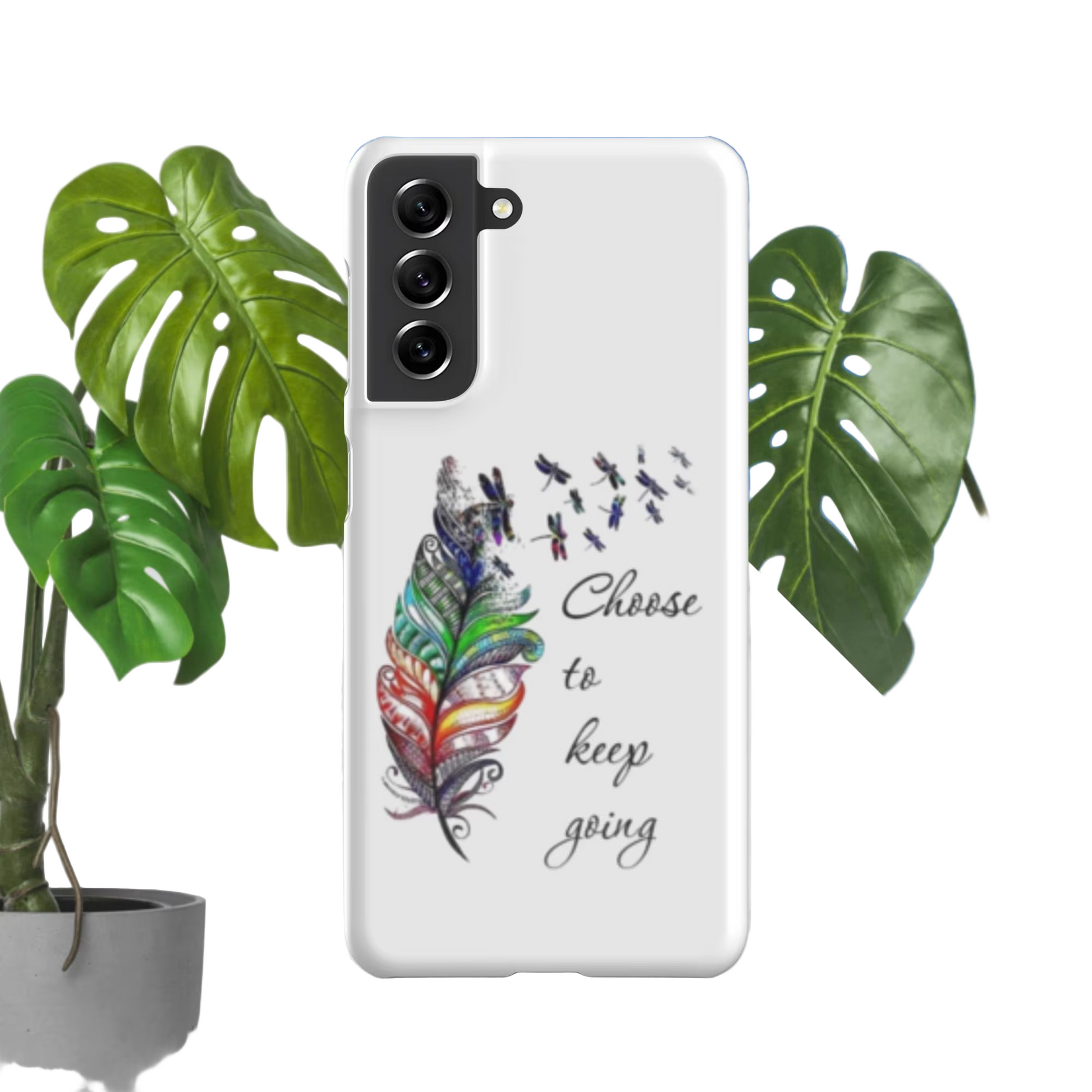 Custom Samsung Snap Case with colorful feather design and "Choose to keep going" text, slim durable protective phone cover