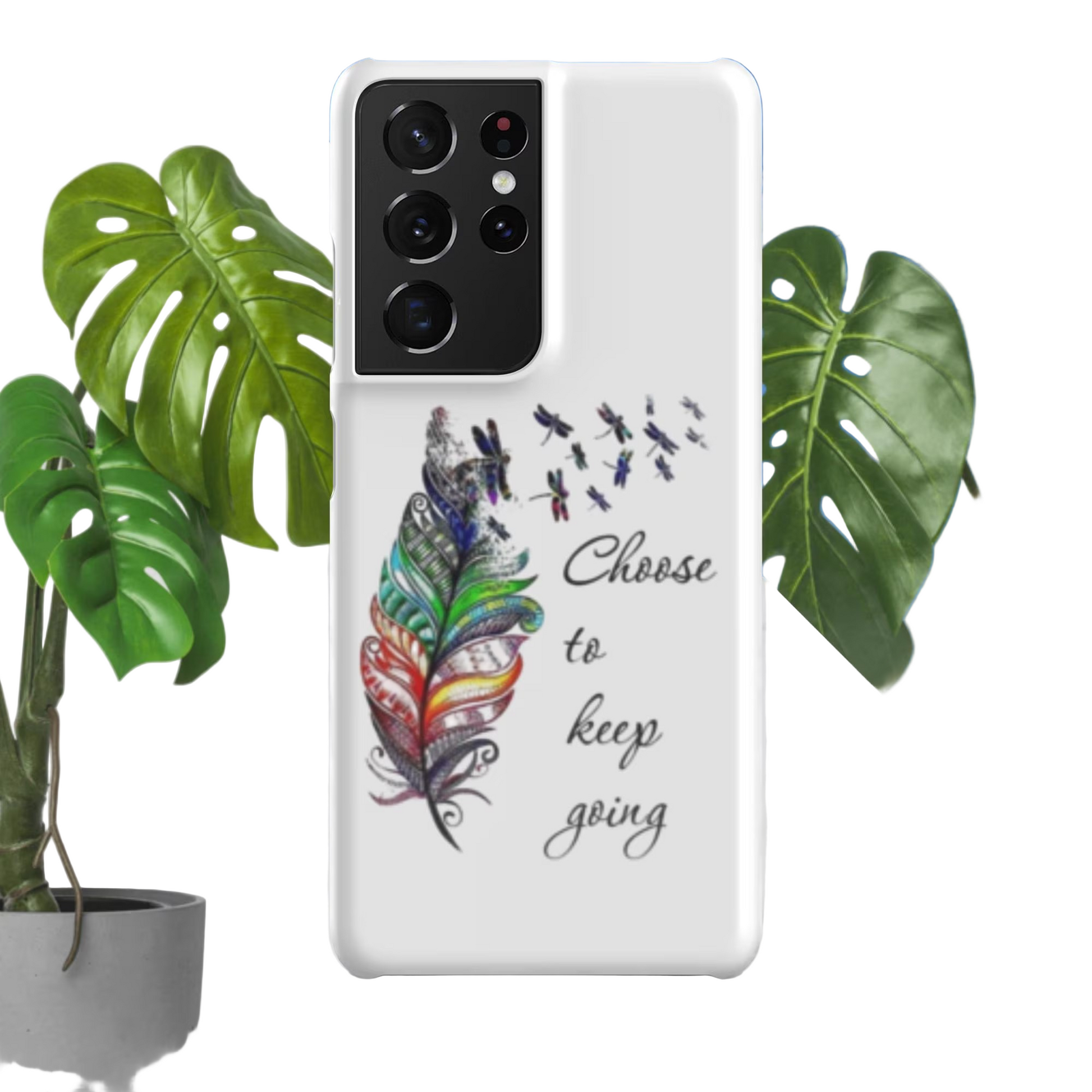 Custom Samsung® Snap Case with colorful feather design and "Choose to keep going" text, slim durable protective phone cover.
