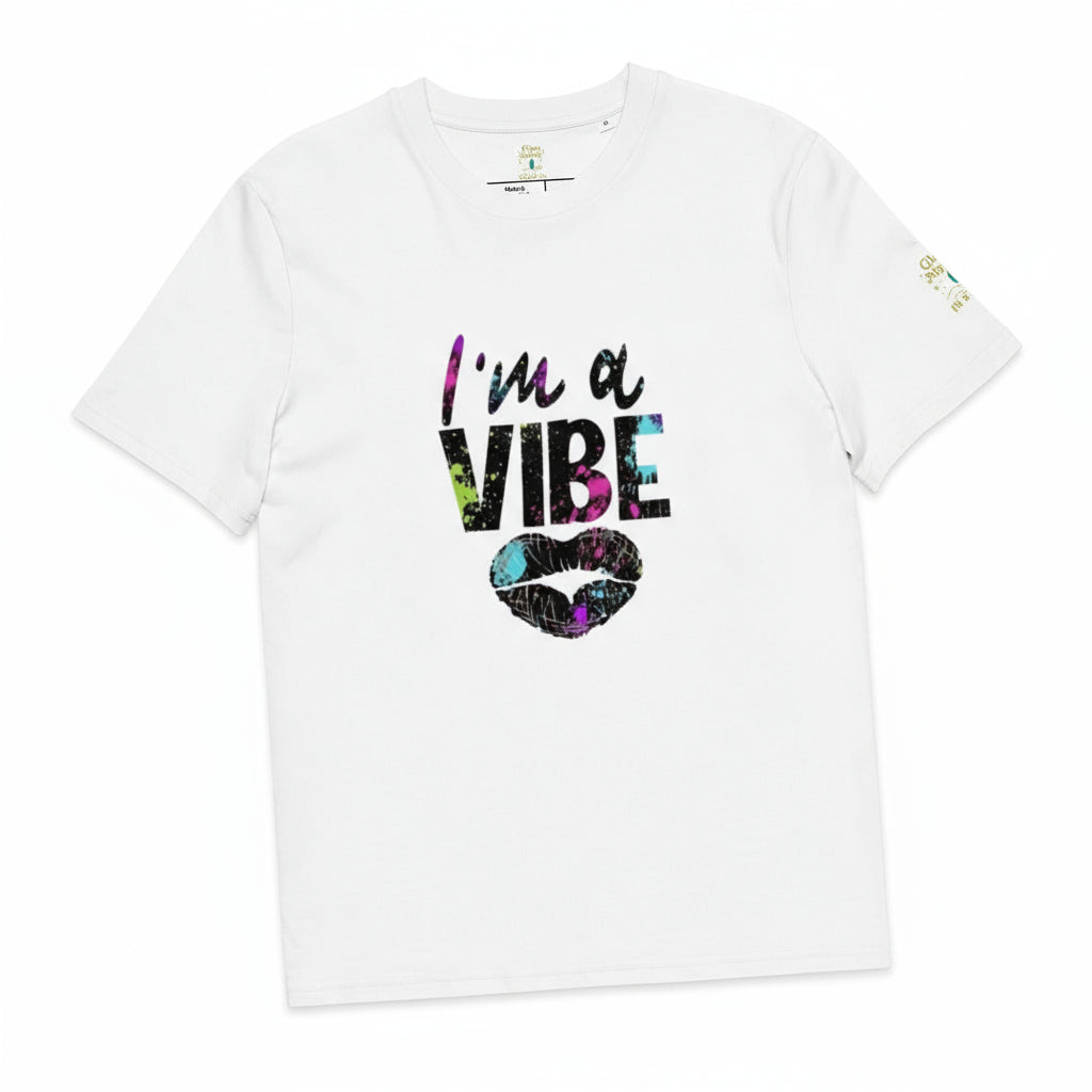 I'm a Vibe Unisex Organic Cotton T-Shirt with colorful graphic print on white fabric, eco-friendly and medium fit