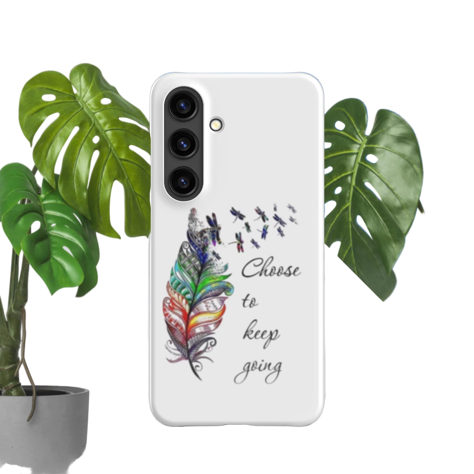 Custom Samsung Snap Case with colorful feather and motivational quote design, slim protective phone cover for Galaxy models