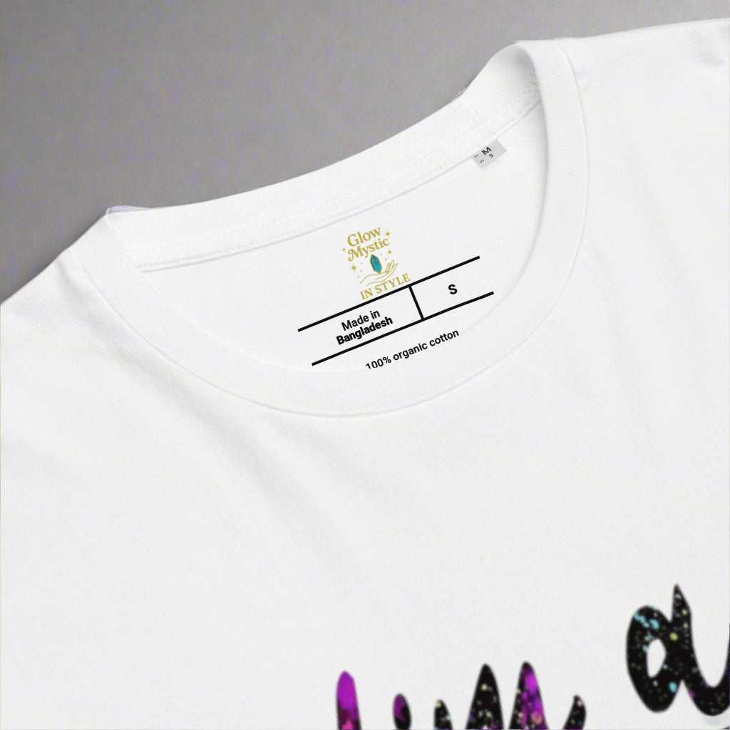 Close-up of neckline on I'm a Vibe Unisex Organic Cotton T-Shirt showing organic cotton fabric and size tag