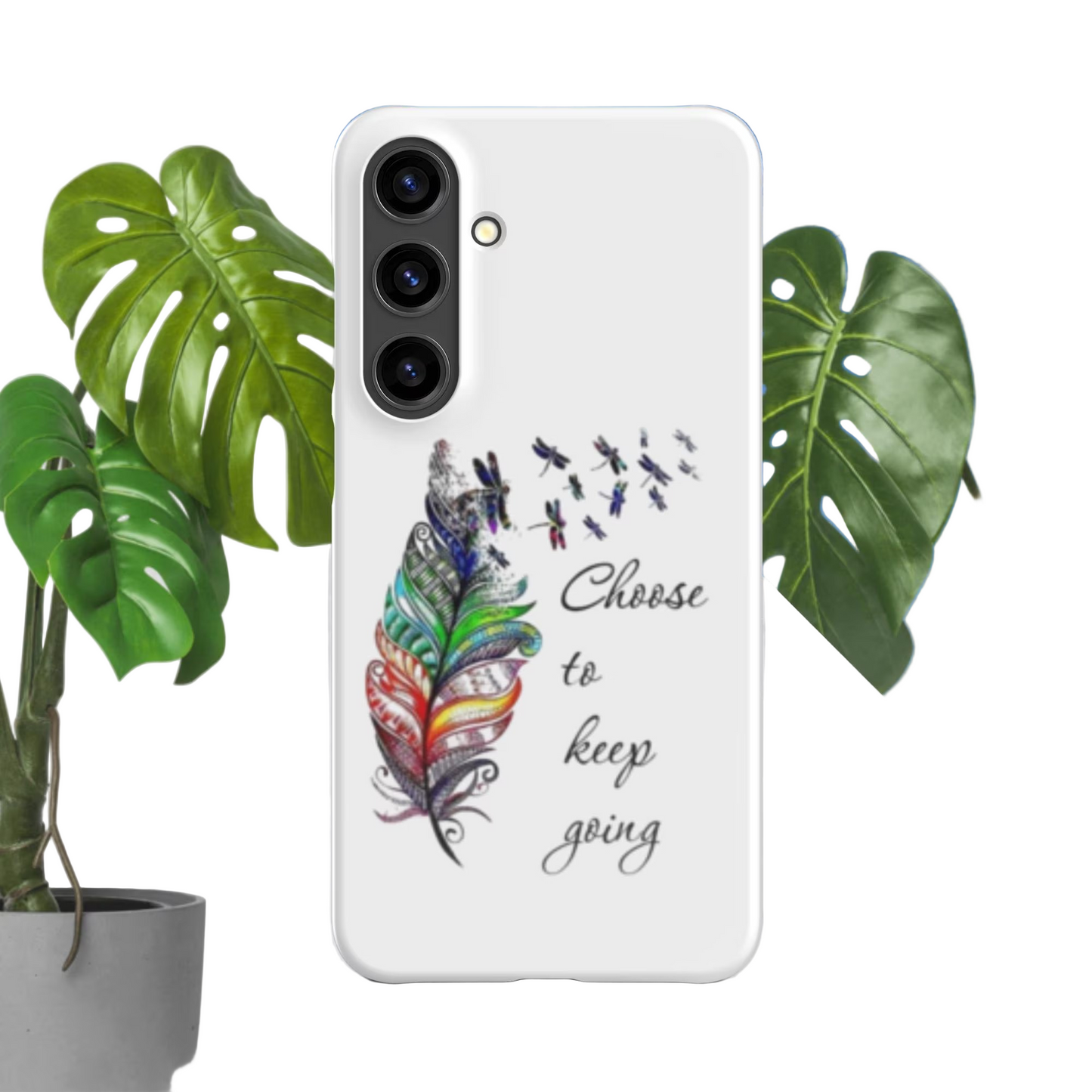 Custom Samsung® Snap Case with colorful feather design and "Choose to keep going" text, slim durable protective phone cover for Galaxy models