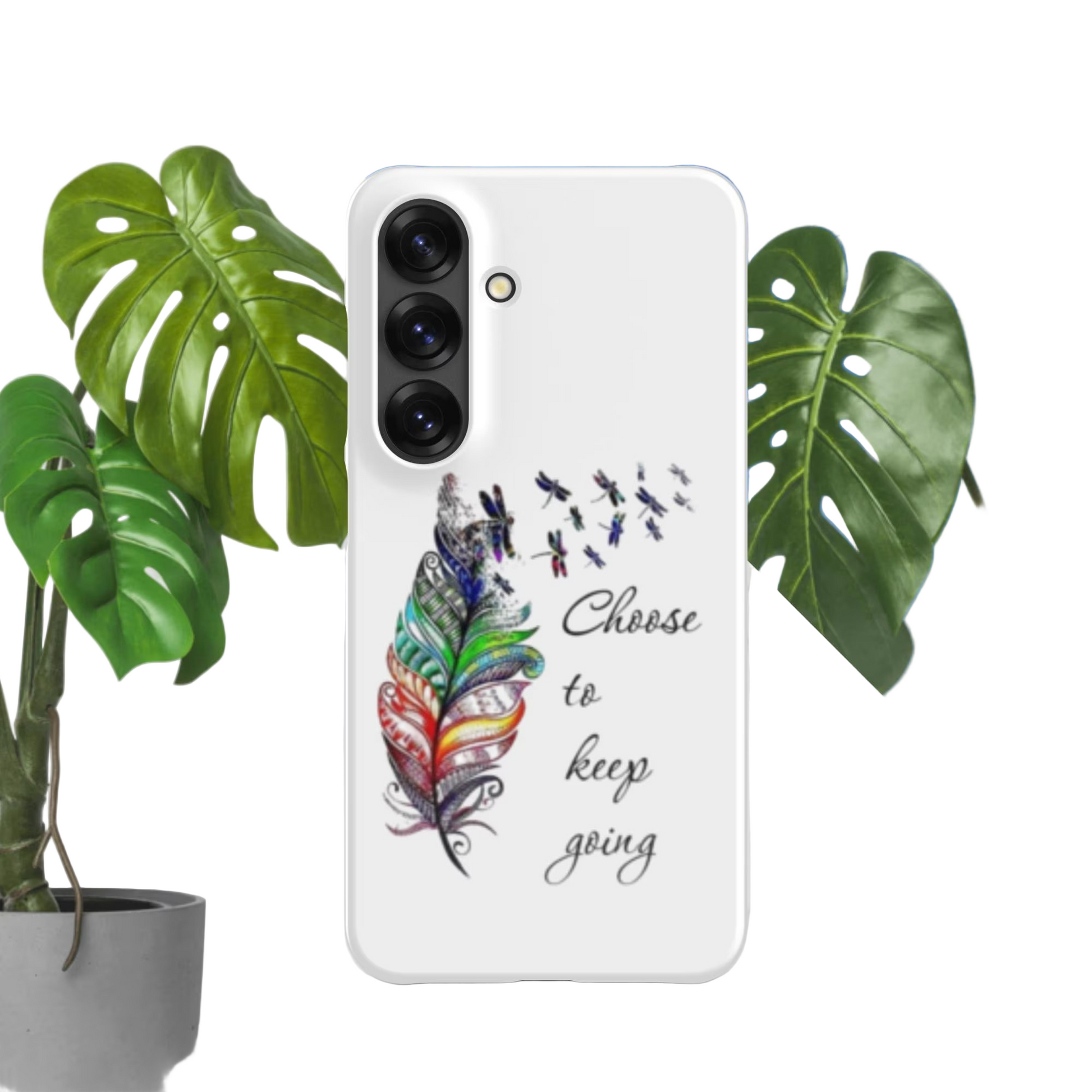 Custom Samsung® Snap Case with colorful feather and dragonfly design and motivational text "Choose to keep going" on a slim white protective phone cover