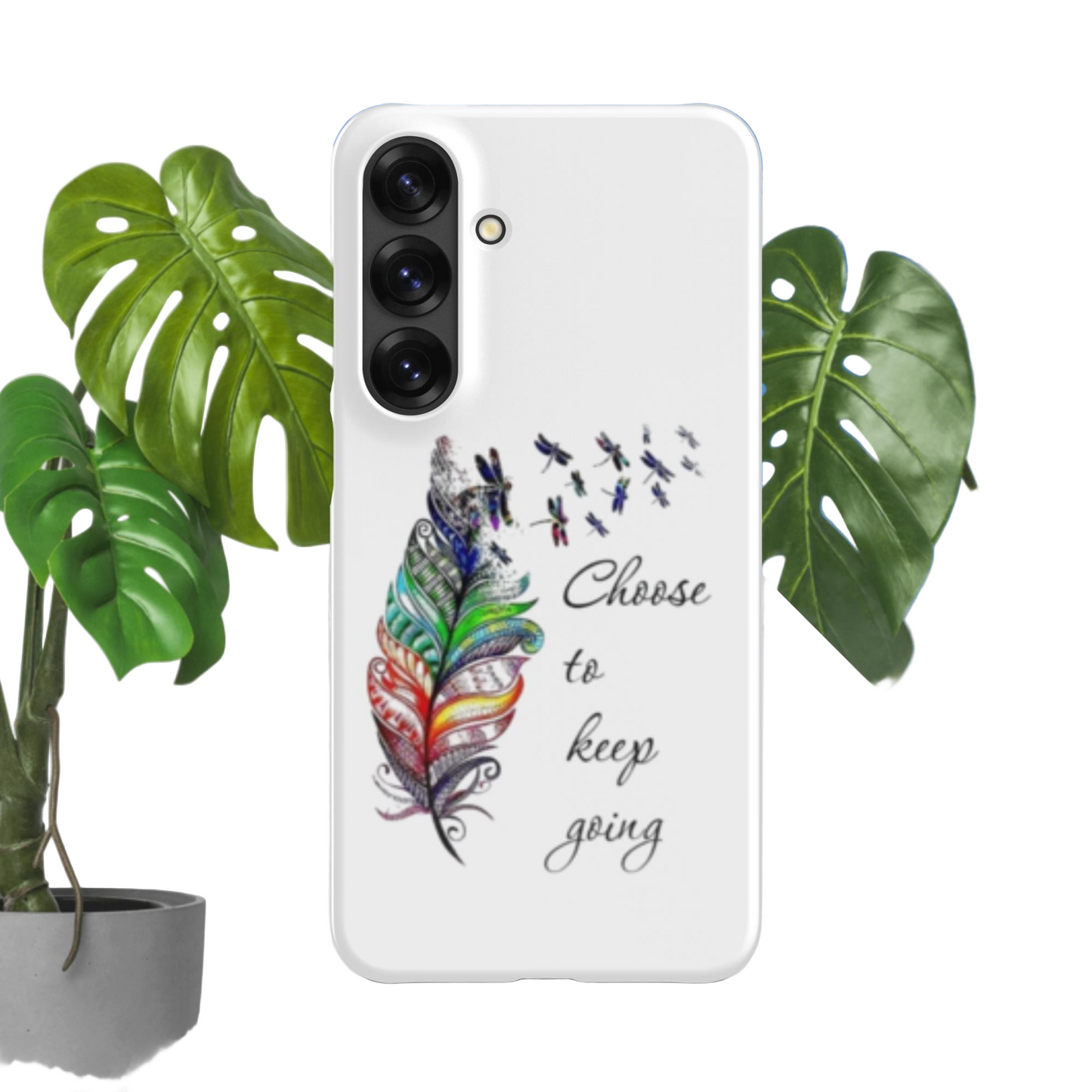Samsung® Snap Case with colorful feather design and "Choose to keep going" quote, slim protective phone cover for Galaxy, durable and lightweight.