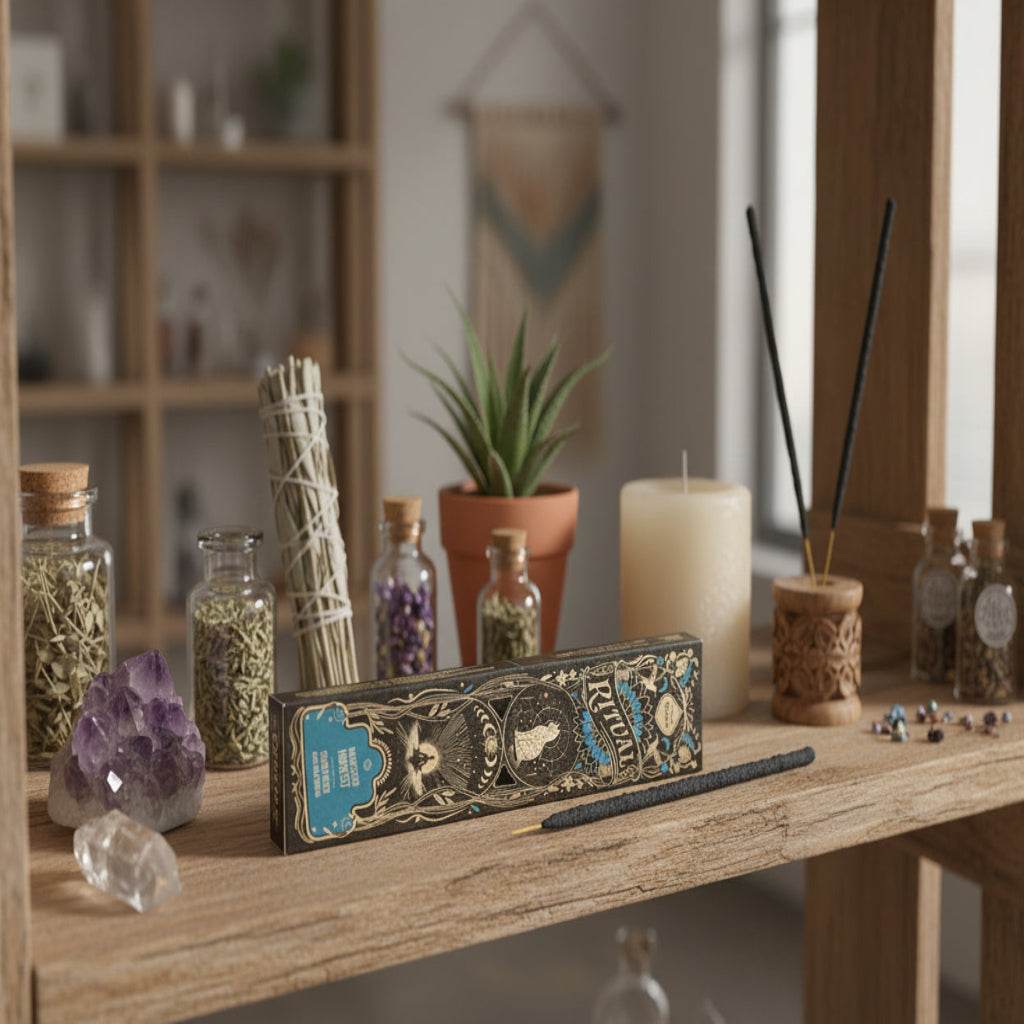 Sagrada Madre Ritual handgemaakte wierooksticks voor meditatie en manifestatie op houten plank met kristallen en kruiden.