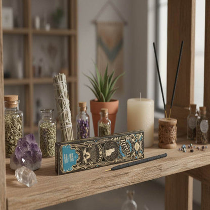 Sagrada Madre Ritual handgemaakte wierooksticks voor meditatie en manifestatie op houten plank met kristallen en kruiden.