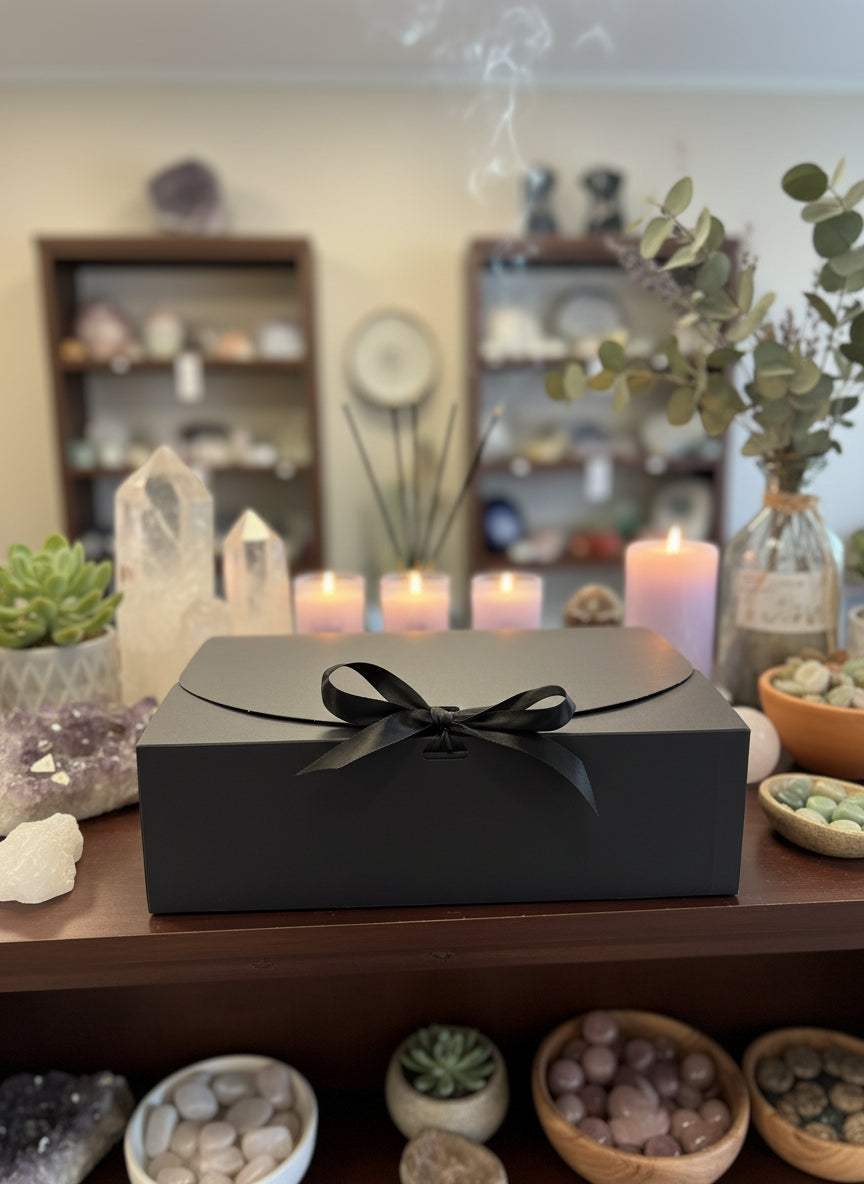Wellness Box Rituals of Relaxation Angel luxury self-care gift set with jade guasha, massage oil, Palo Santo, and incense in elegant black packaging