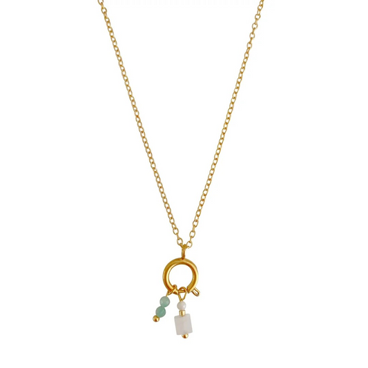 Glow Mystic in Style gouden stainless steel slotketting met Jade en Maansteen hangertjes