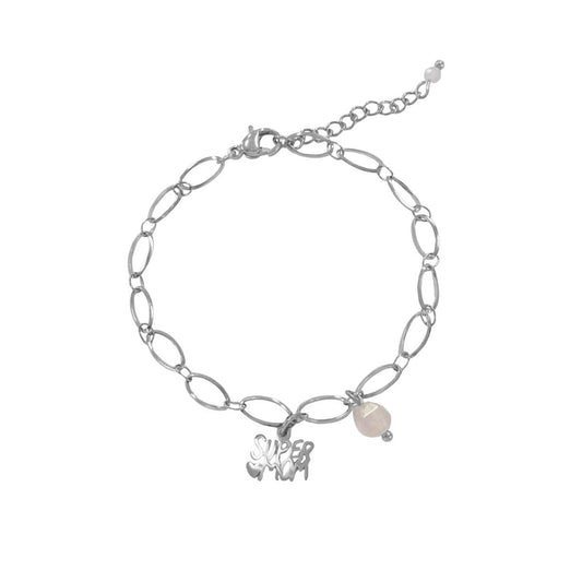 Super Mom armband met rozenkwarts op zijde achtergrond