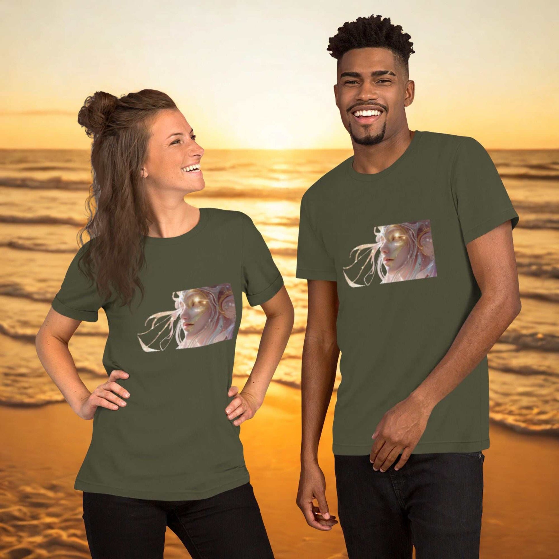 Unisex Celestial Glow Goddess T-Shirt with cosmic artwork, comfortable cotton fabric, and casual fit