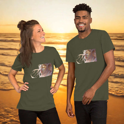 Unisex Celestial Glow Goddess T-Shirt with cosmic artwork, comfortable cotton fabric, and casual fit